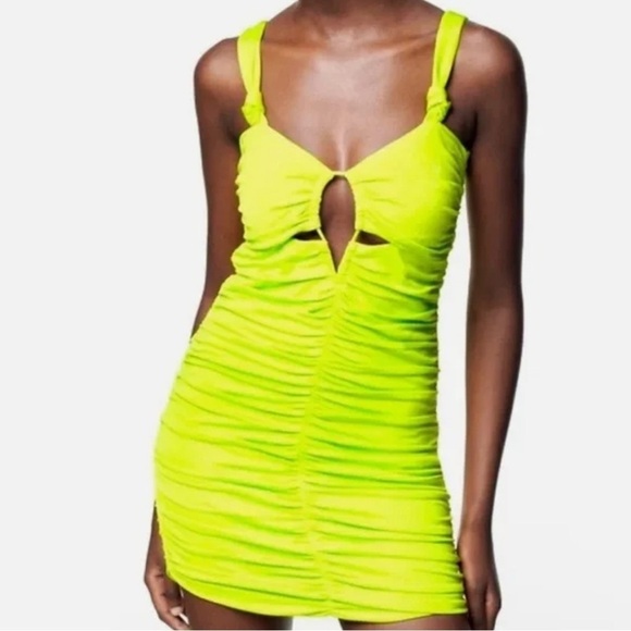 Zara Neon Rushed Cutout Mini Dress NWT - Picture 1 of 7